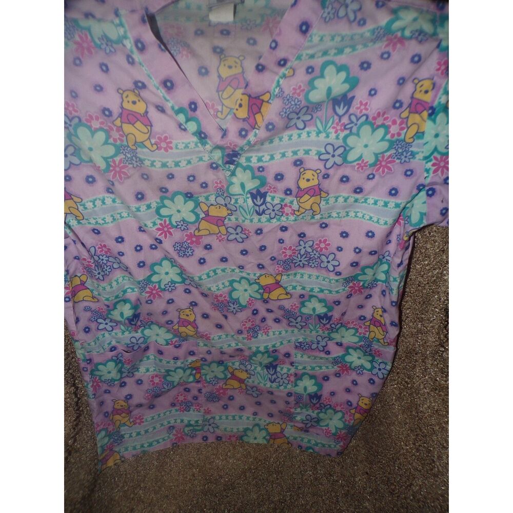 Disney Women's  Scrub Top Purple   and green flowers Winnie The Pooh print